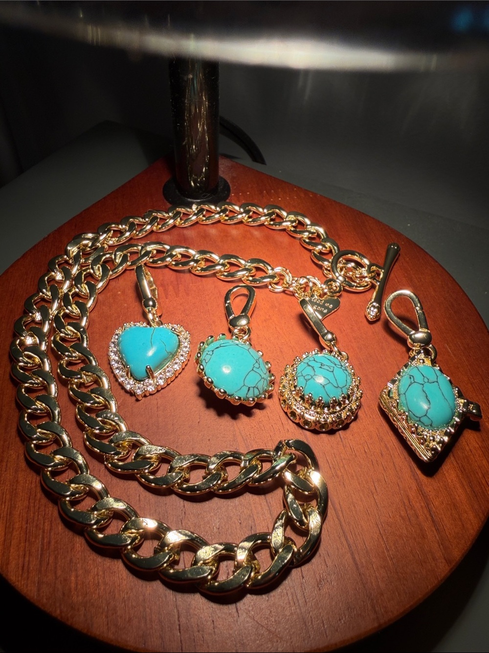 New Feed Me Gems Gold Chain Charm Necklace with Four Texas Turquoise Charms